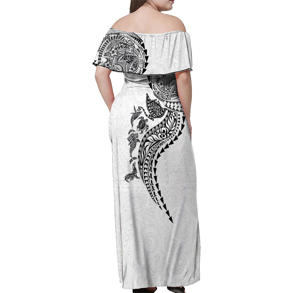 Hawaiian Kakau Tribal Sea Animals Tattoos Family Matching Off Shoulder Maxi Dress and Hawaiian Shirt White Color LT03 - Polynesian Pride