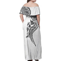 Hawaiian Kakau Tribal Sea Animals Tattoos Family Matching Off Shoulder Maxi Dress and Hawaiian Shirt White Color LT03 - Polynesian Pride