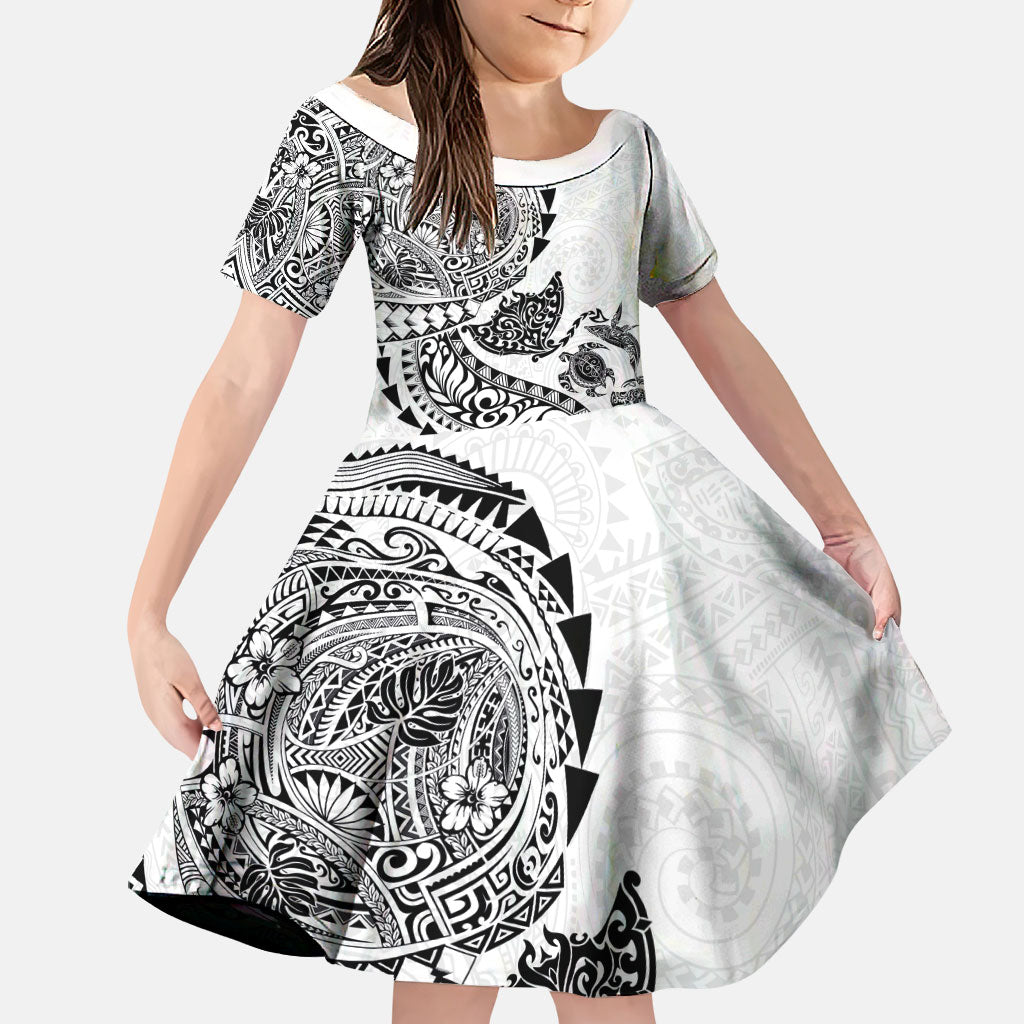 Hawaiian Kakau Tribal Sea Animals Tattoos Family Matching Off Shoulder Short Dress and Hawaiian Shirt White Color LT03 Daughter's Dress White - Polynesian Pride