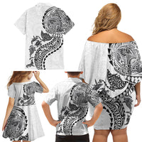 Hawaiian Kakau Tribal Sea Animals Tattoos Family Matching Off Shoulder Short Dress and Hawaiian Shirt White Color LT03 - Polynesian Pride