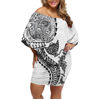 Hawaiian Kakau Tribal Sea Animals Tattoos Family Matching Off Shoulder Short Dress and Hawaiian Shirt White Color LT03 Mom's Dress White - Polynesian Pride