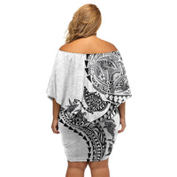 Hawaiian Kakau Tribal Sea Animals Tattoos Family Matching Off Shoulder Short Dress and Hawaiian Shirt White Color LT03 - Polynesian Pride