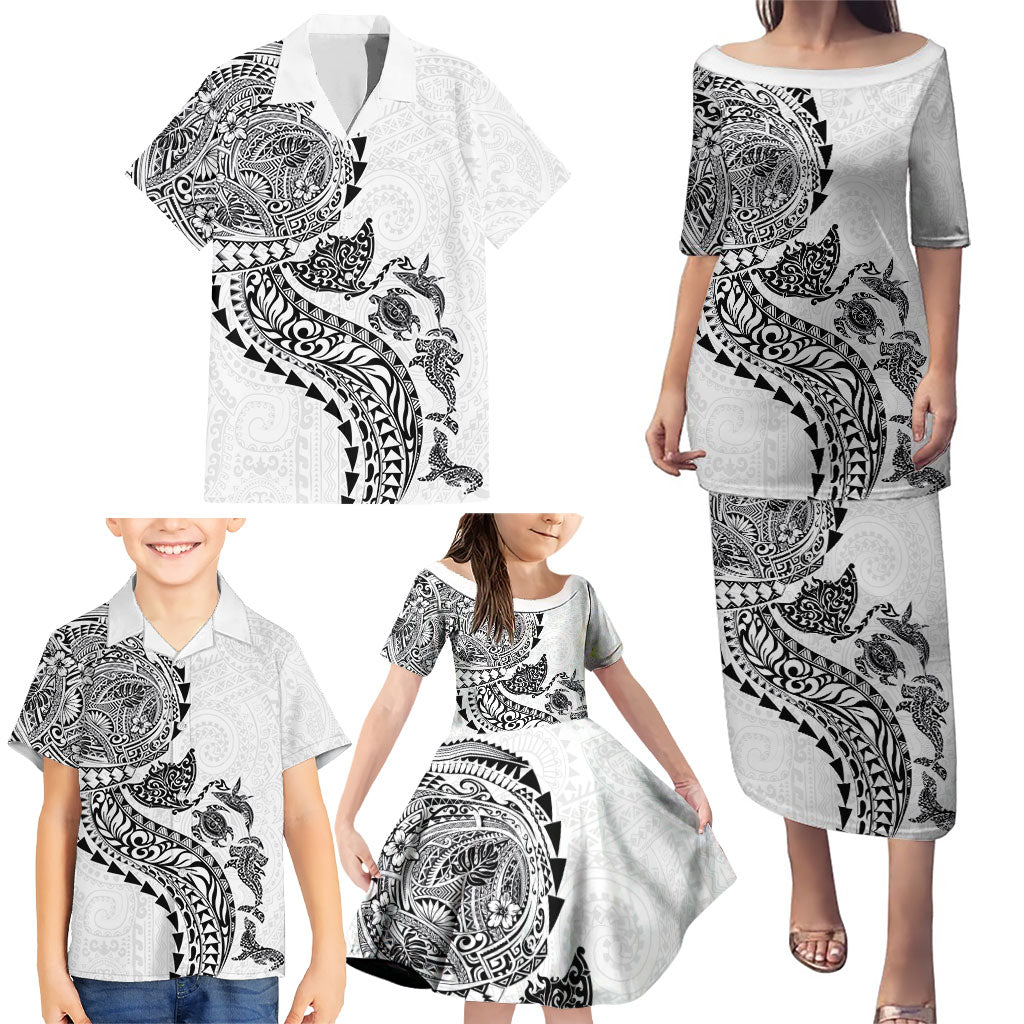 Hawaiian Kakau Tribal Sea Animals Tattoos Family Matching Puletasi and Hawaiian Shirt White Color LT03 - Polynesian Pride