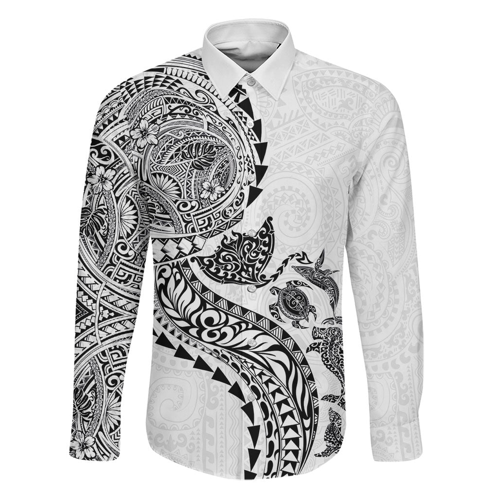 Hawaiian Kakau Tribal Sea Animals Tattoos Family Matching Puletasi and Hawaiian Shirt White Color LT03 Dad's Shirt - Long Sleeve White - Polynesian Pride