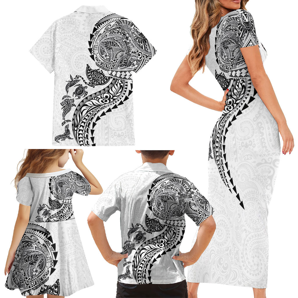 Hawaiian Kakau Tribal Sea Animals Tattoos Family Matching Short Sleeve Bodycon Dress and Hawaiian Shirt White Color LT03 - Polynesian Pride