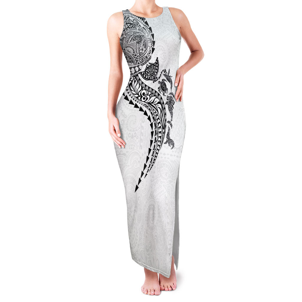 Hawaiian Kakau Tribal Sea Animals Tattoos Family Matching Tank Maxi Dress and Hawaiian Shirt White Color LT03 Mom's Dress White - Polynesian Pride
