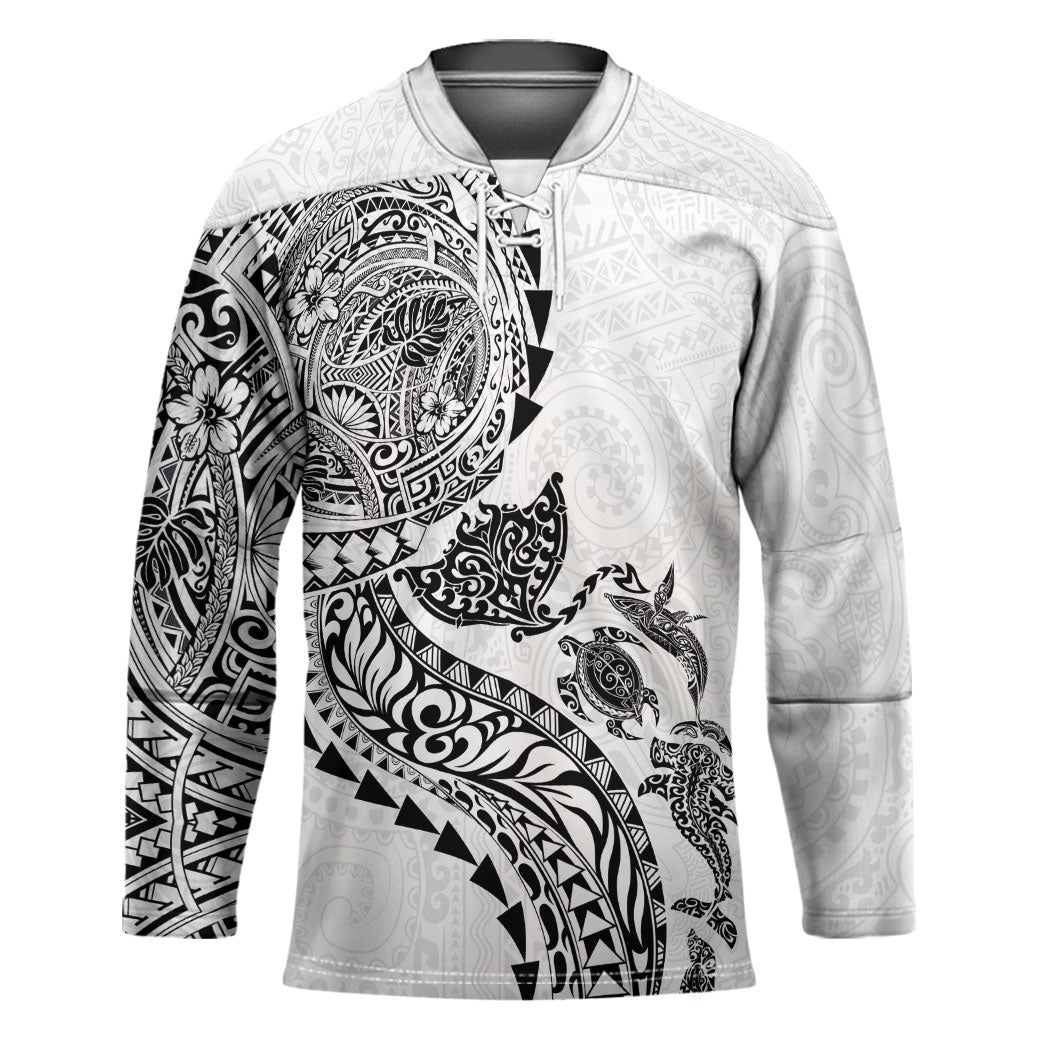 Hawaiian Kakau Tribal Sea Animals Tattoos Hockey Jersey White Color LT03 Unisex White - Polynesian Pride