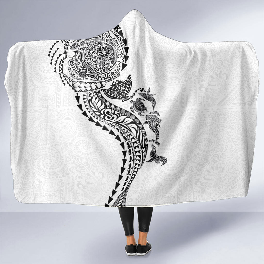 Hawaiian Kakau Tribal Sea Animals Tattoos Hooded Blanket White Color LT03 One Size White - Polynesian Pride