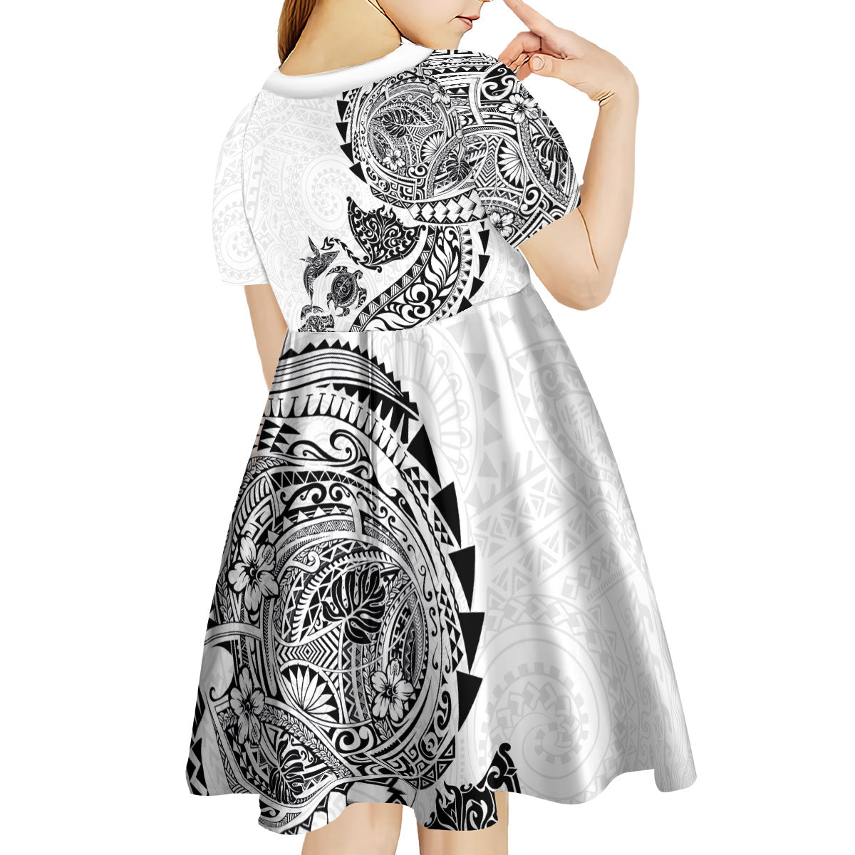 Hawaiian Kakau Tribal Sea Animals Tattoos Kid Short Sleeve Dress White Color LT03 - Polynesian Pride