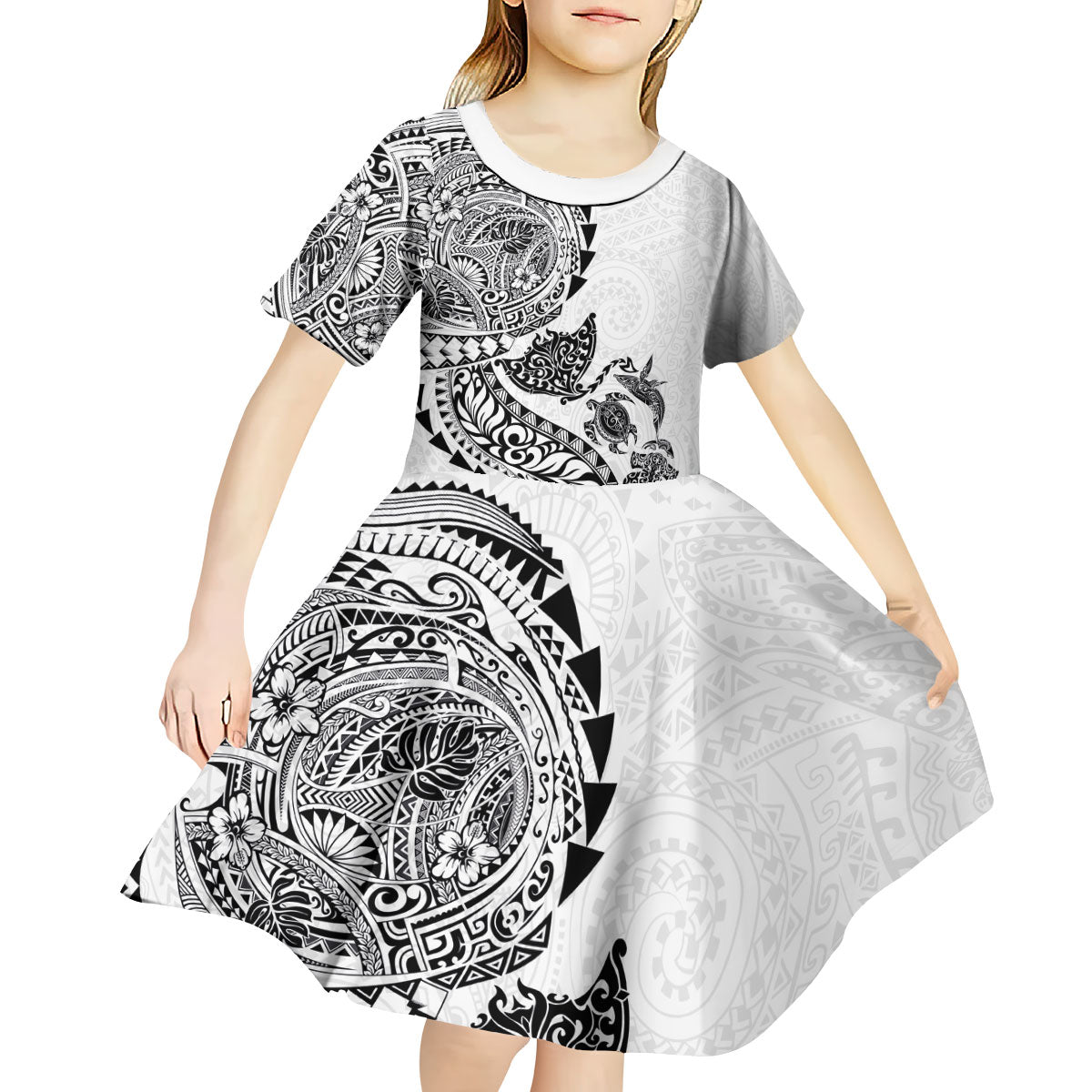Hawaiian Kakau Tribal Sea Animals Tattoos Kid Short Sleeve Dress White Color LT03 - Polynesian Pride
