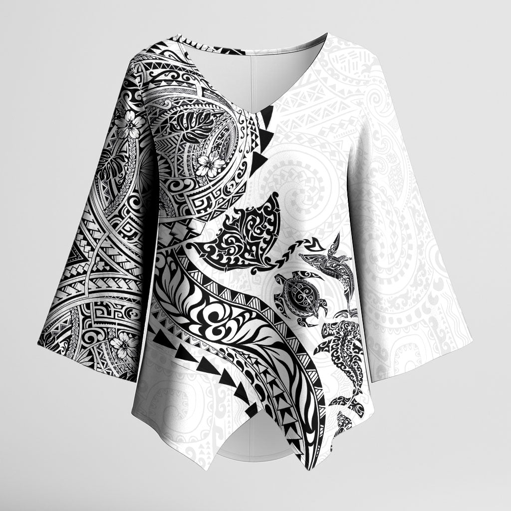 Hawaiian Kakau Tribal Sea Animals Tattoos Kimono Sleeve Blouse White Color LT03 Female White - Polynesian Pride