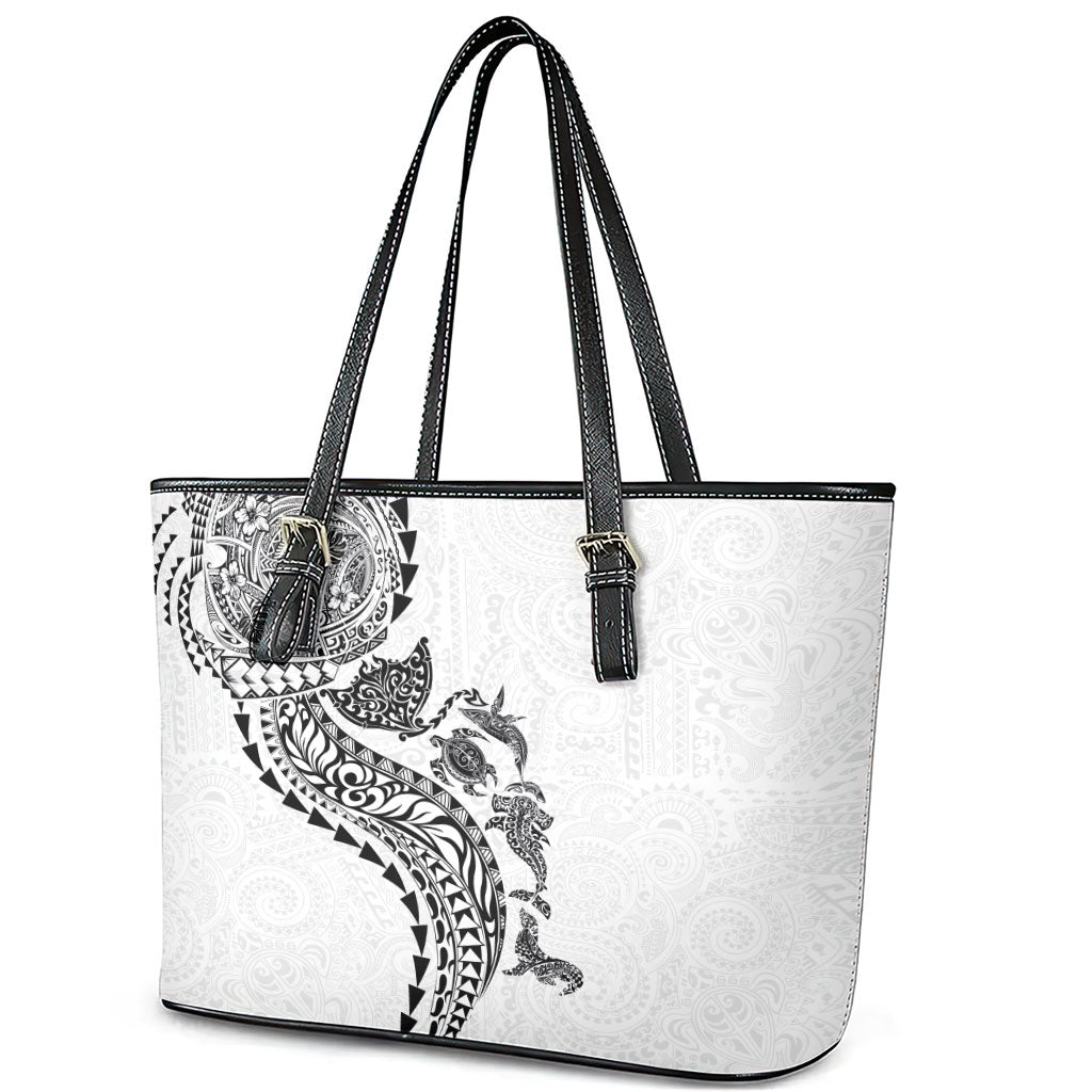 Hawaiian Kakau Tribal Sea Animals Tattoos Leather Tote Bag White Color LT03 - Polynesian Pride