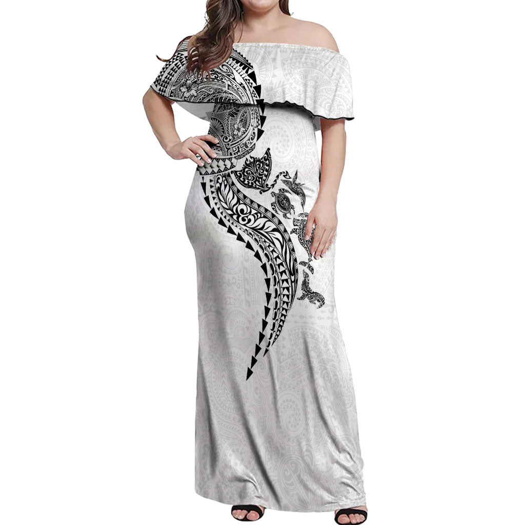 Hawaiian Kakau Tribal Sea Animals Tattoos Off Shoulder Maxi Dress White Color