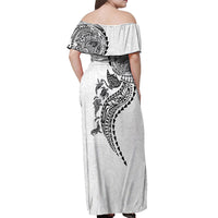 Hawaiian Kakau Tribal Sea Animals Tattoos Off Shoulder Maxi Dress White Color