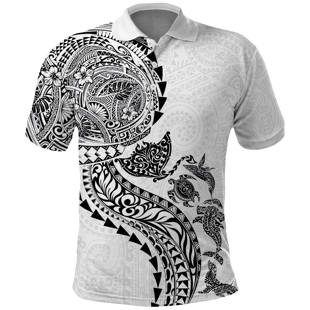 Hawaiian Kakau Tribal Sea Animals Tattoos Polo Shirt White Color