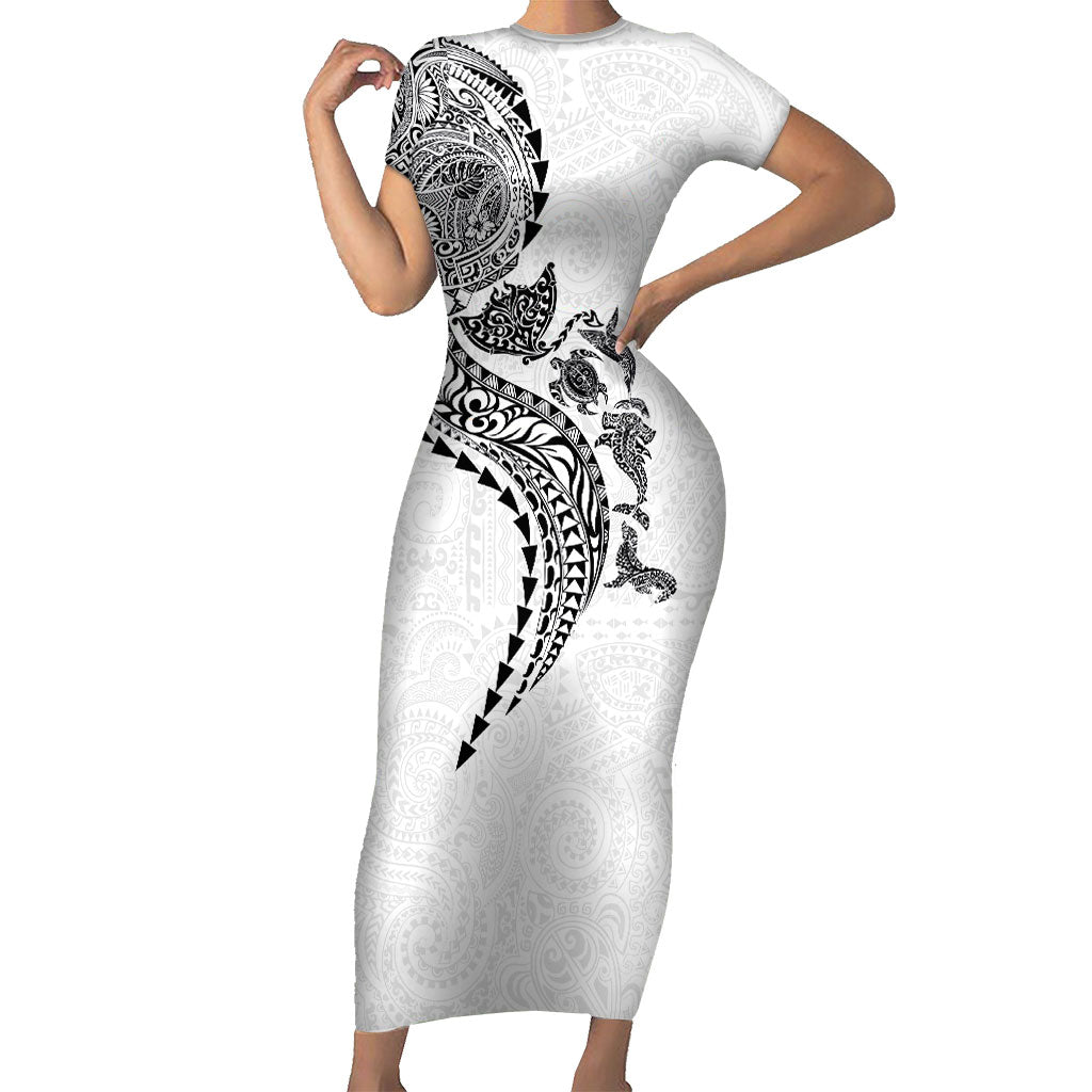 Hawaiian Kakau Tribal Sea Animals Tattoos Short Sleeve Bodycon Dress White Color