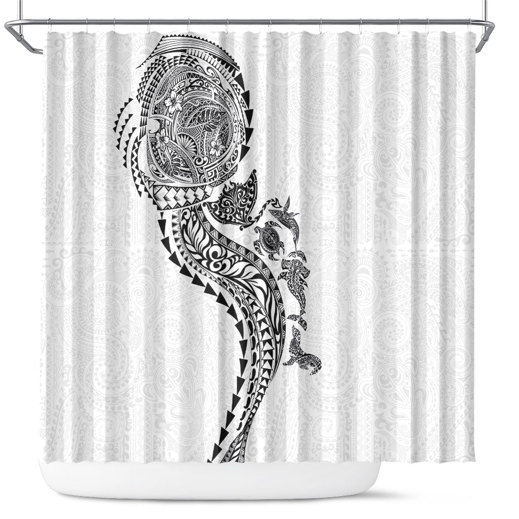 Hawaiian Kakau Tribal Sea Animals Tattoos Shower Curtain White Color