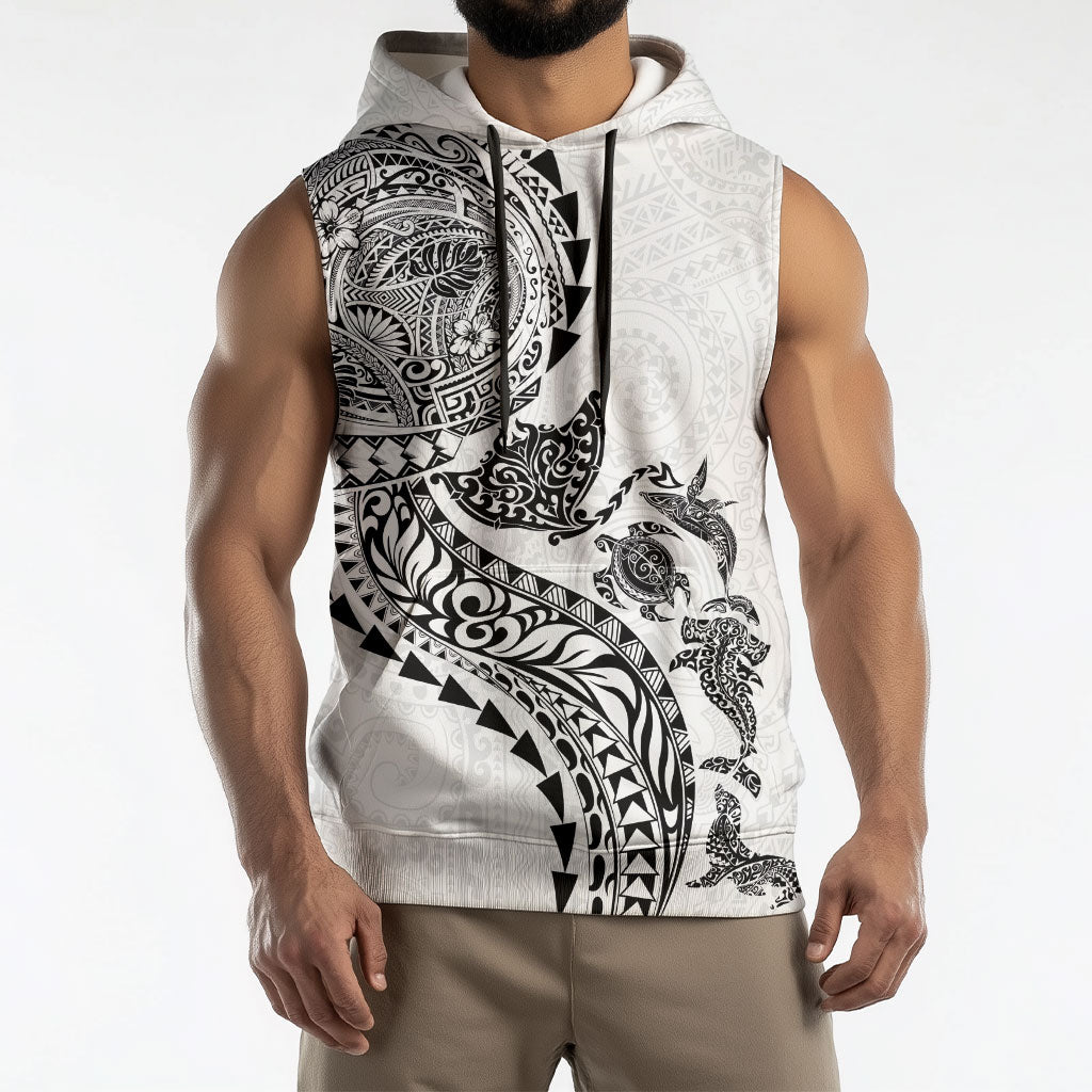 Hawaiian Kakau Tribal Sea Animals Tattoos Sleeveless Hoodie White Color LT03 - Polynesian Pride