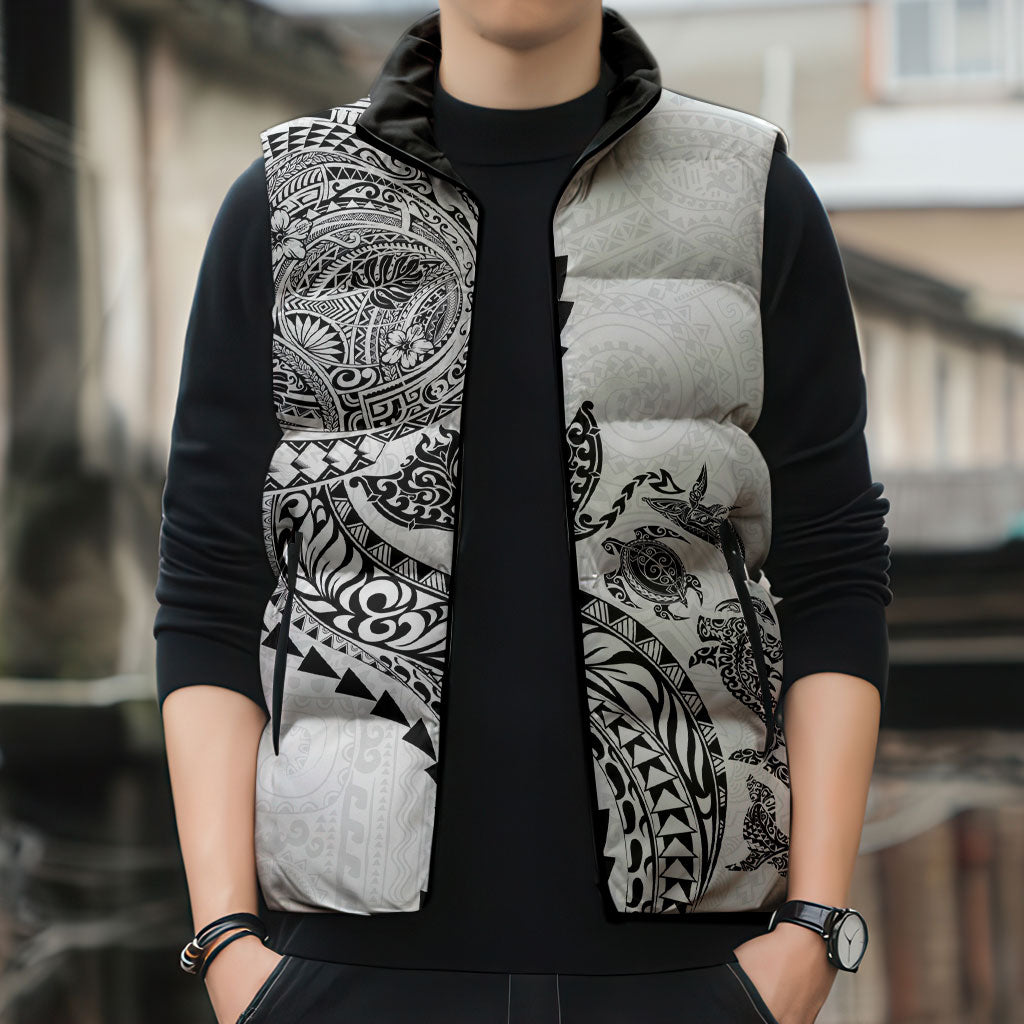 Hawaiian Kakau Tribal Sea Animals Tattoos Sleeveless Puffer Jacket White Color