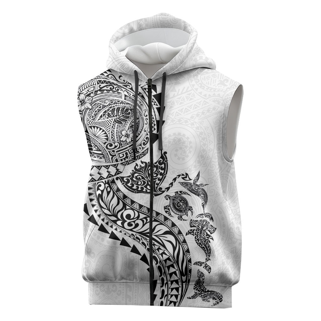 Hawaiian Kakau Tribal Sea Animals Tattoos Sleeveless Zip Hoodie White Color