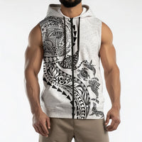 Hawaiian Kakau Tribal Sea Animals Tattoos Sleeveless Zip Hoodie White Color LT03 - Polynesian Pride