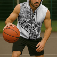 Hawaiian Kakau Tribal Sea Animals Tattoos Sleeveless Zip Hoodie White Color LT03 - Polynesian Pride
