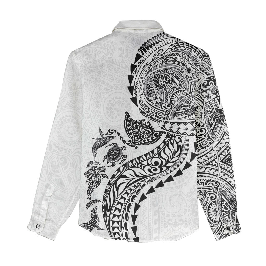 Hawaiian Kakau Tribal Sea Animals Tattoos Women Casual Shirt White Color