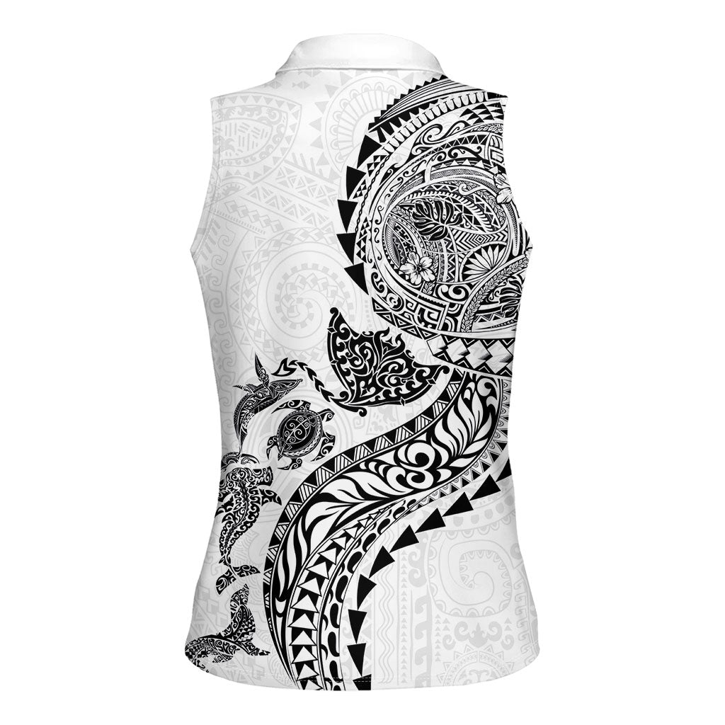 Hawaiian Kakau Tribal Sea Animals Tattoos Women Sleeveless Polo Shirt White Color
