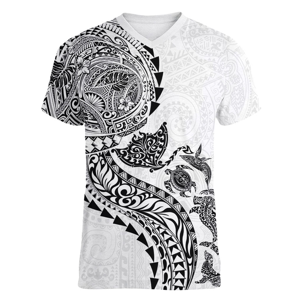 Hawaiian Kakau Tribal Sea Animals Tattoos Women V-Neck T-Shirt White Color