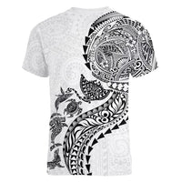 Hawaiian Kakau Tribal Sea Animals Tattoos Women V-Neck T-Shirt White Color