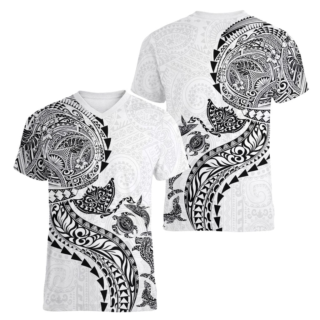 Hawaiian Kakau Tribal Sea Animals Tattoos Women V-Neck T-Shirt White Color