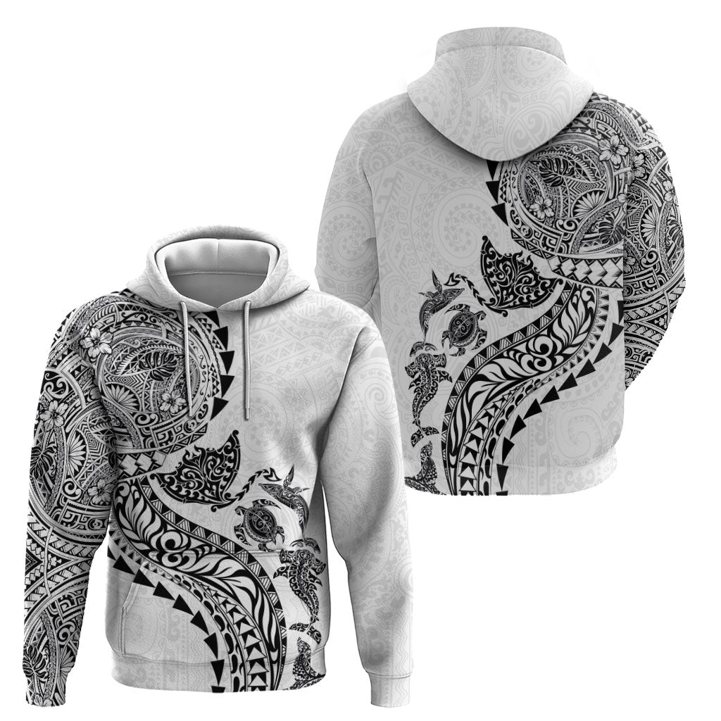 Hawaiian Kakau Tribal Sea Animals Tattoos Zip Hoodie White Color LT03 - Polynesian Pride