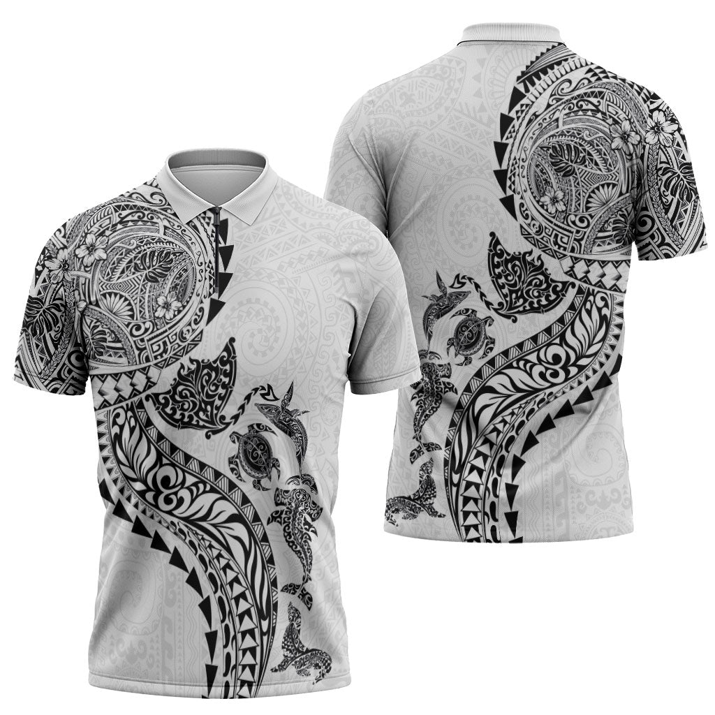 Hawaiian Kakau Tribal Sea Animals Tattoos Zipper Polo Shirt White Color LT03 - Polynesian Pride