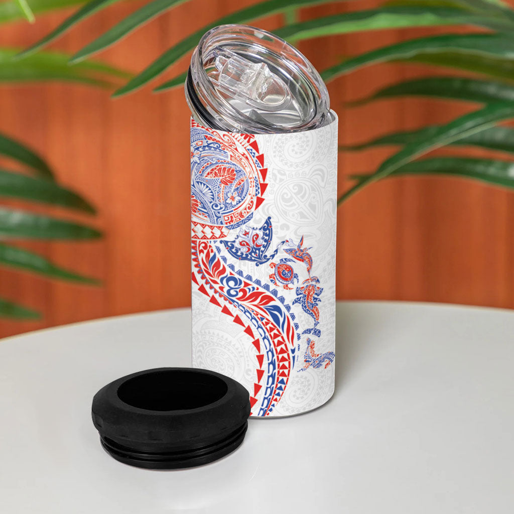 Hawaiian Kakau Tribal Sea Animals Tattoos 4 in 1 Can Cooler Tumbler Hawaii Flag Color Inspired