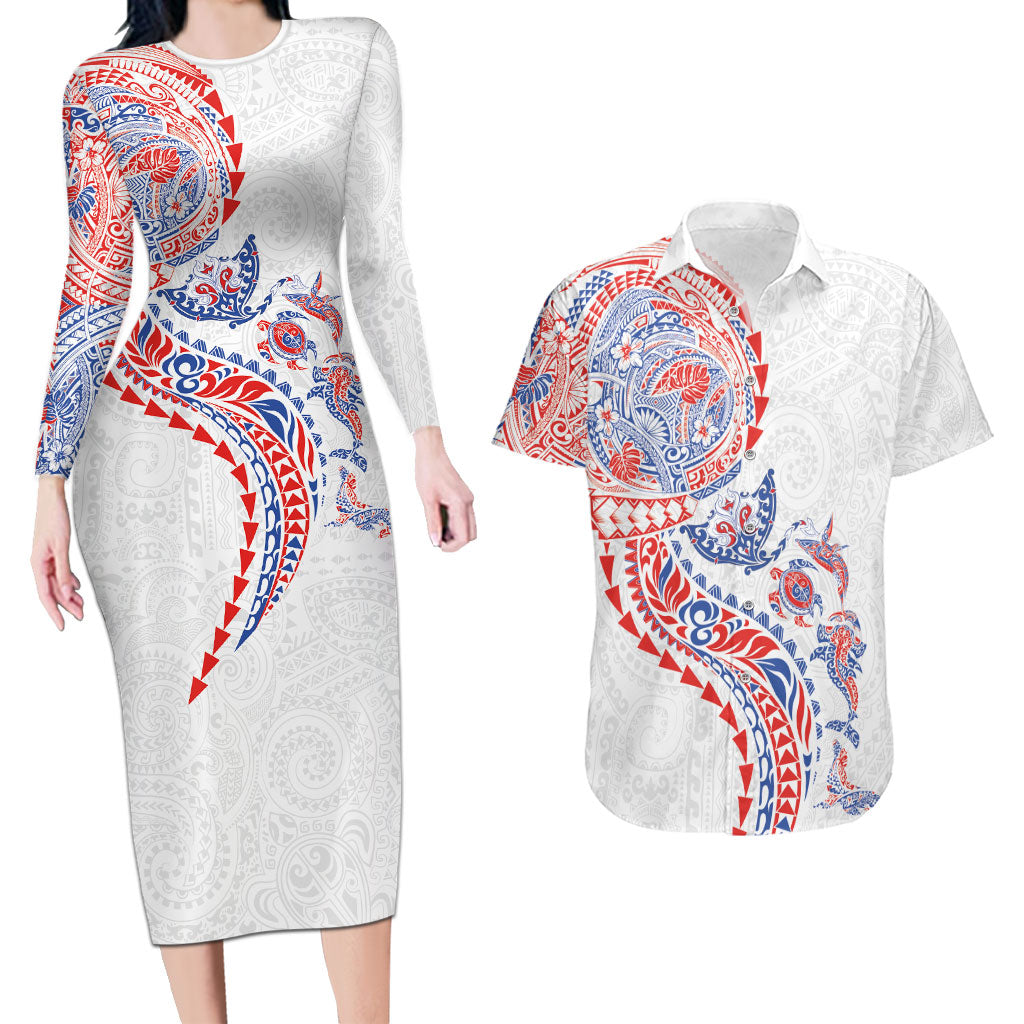 Hawaiian Kakau Tribal Sea Animals Tattoos Couples Matching Long Sleeve Bodycon Dress and Hawaiian Shirt Hawaii Flag Color Inspired