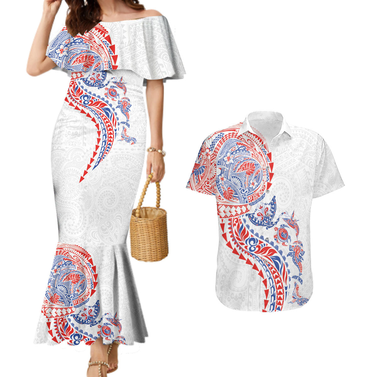 Hawaiian Kakau Tribal Sea Animals Tattoos Couples Matching Mermaid Dress and Hawaiian Shirt Hawaii Flag Color Inspired