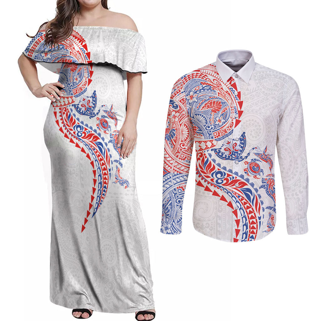 Hawaiian Kakau Tribal Sea Animals Tattoos Couples Matching Off Shoulder Maxi Dress and Long Sleeve Button Shirt Hawaii Flag Color Inspired