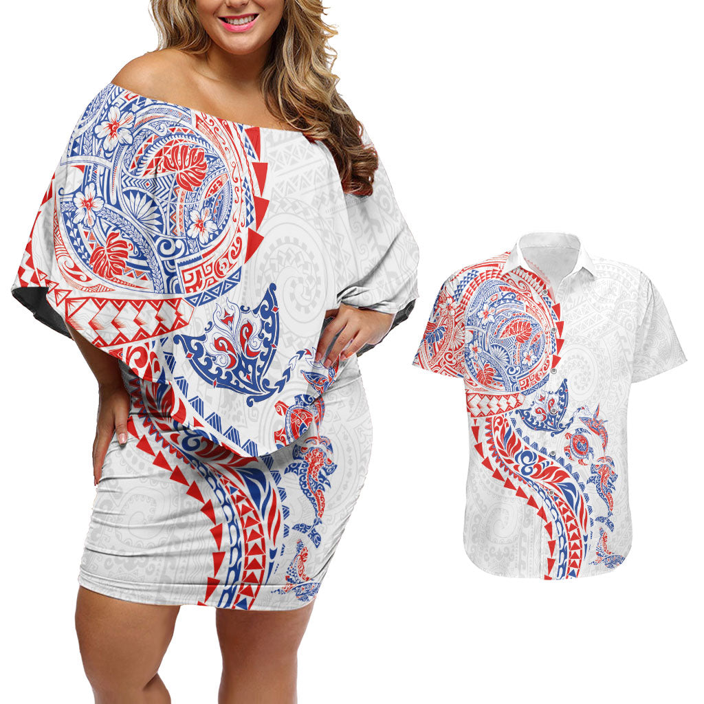Hawaiian Kakau Tribal Sea Animals Tattoos Couples Matching Off Shoulder Short Dress and Hawaiian Shirt Hawaii Flag Color Inspired
