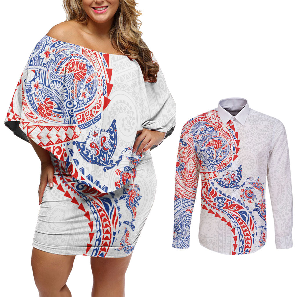 Hawaiian Kakau Tribal Sea Animals Tattoos Couples Matching Off Shoulder Short Dress and Long Sleeve Button Shirt Hawaii Flag Color Inspired