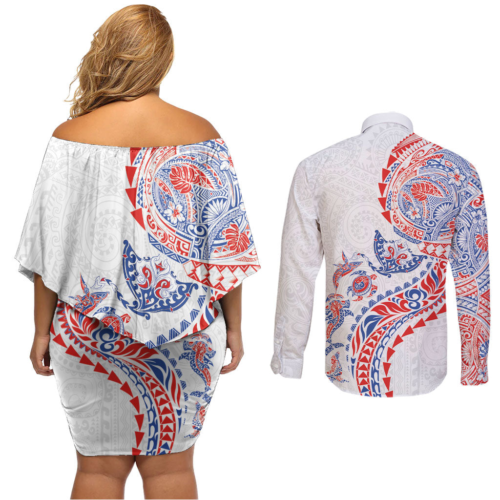 Hawaiian Kakau Tribal Sea Animals Tattoos Couples Matching Off Shoulder Short Dress and Long Sleeve Button Shirt Hawaii Flag Color Inspired
