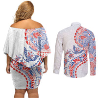 Hawaiian Kakau Tribal Sea Animals Tattoos Couples Matching Off Shoulder Short Dress and Long Sleeve Button Shirt Hawaii Flag Color Inspired