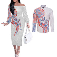 Hawaiian Kakau Tribal Sea Animals Tattoos Couples Matching Off The Shoulder Long Sleeve Dress and Long Sleeve Button Shirt Hawaii Flag Color Inspired LT03 Multicolor - Polynesian Pride