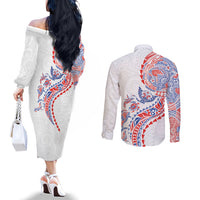 Hawaiian Kakau Tribal Sea Animals Tattoos Couples Matching Off The Shoulder Long Sleeve Dress and Long Sleeve Button Shirt Hawaii Flag Color Inspired LT03 - Polynesian Pride