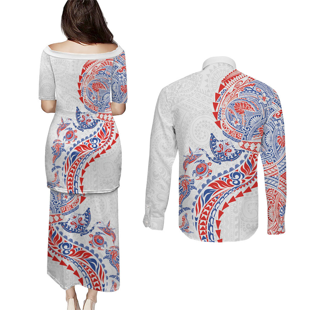 Hawaiian Kakau Tribal Sea Animals Tattoos Couples Matching Puletasi and Long Sleeve Button Shirt Hawaii Flag Color Inspired