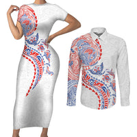 Hawaiian Kakau Tribal Sea Animals Tattoos Couples Matching Short Sleeve Bodycon Dress and Long Sleeve Button Shirt Hawaii Flag Color Inspired LT03 Multicolor - Polynesian Pride