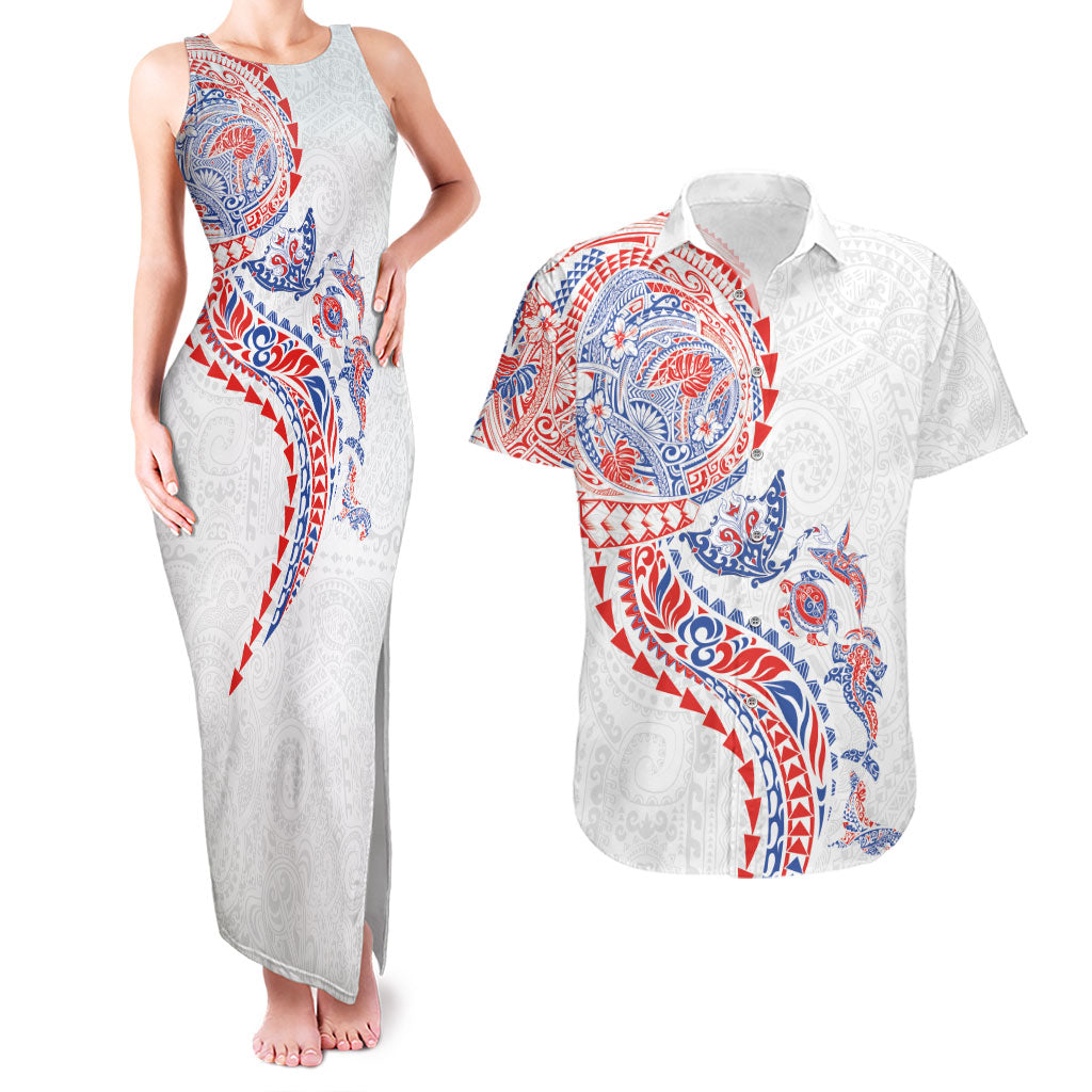 Hawaiian Kakau Tribal Sea Animals Tattoos Couples Matching Tank Maxi Dress and Hawaiian Shirt Hawaii Flag Color Inspired