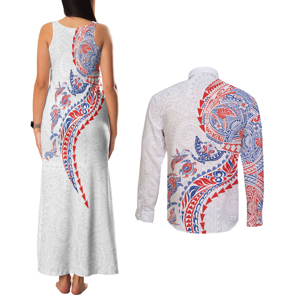 Hawaiian Kakau Tribal Sea Animals Tattoos Couples Matching Tank Maxi Dress and Long Sleeve Button Shirt Hawaii Flag Color Inspired LT03 - Polynesian Pride