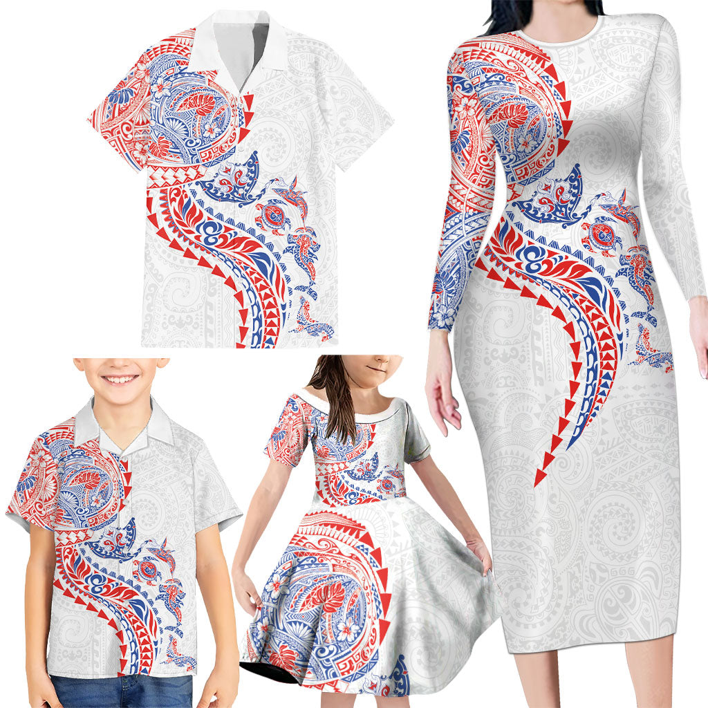 Hawaiian Kakau Tribal Sea Animals Tattoos Family Matching Long Sleeve Bodycon Dress and Hawaiian Shirt Hawaii Flag Color Inspired LT03 - Polynesian Pride