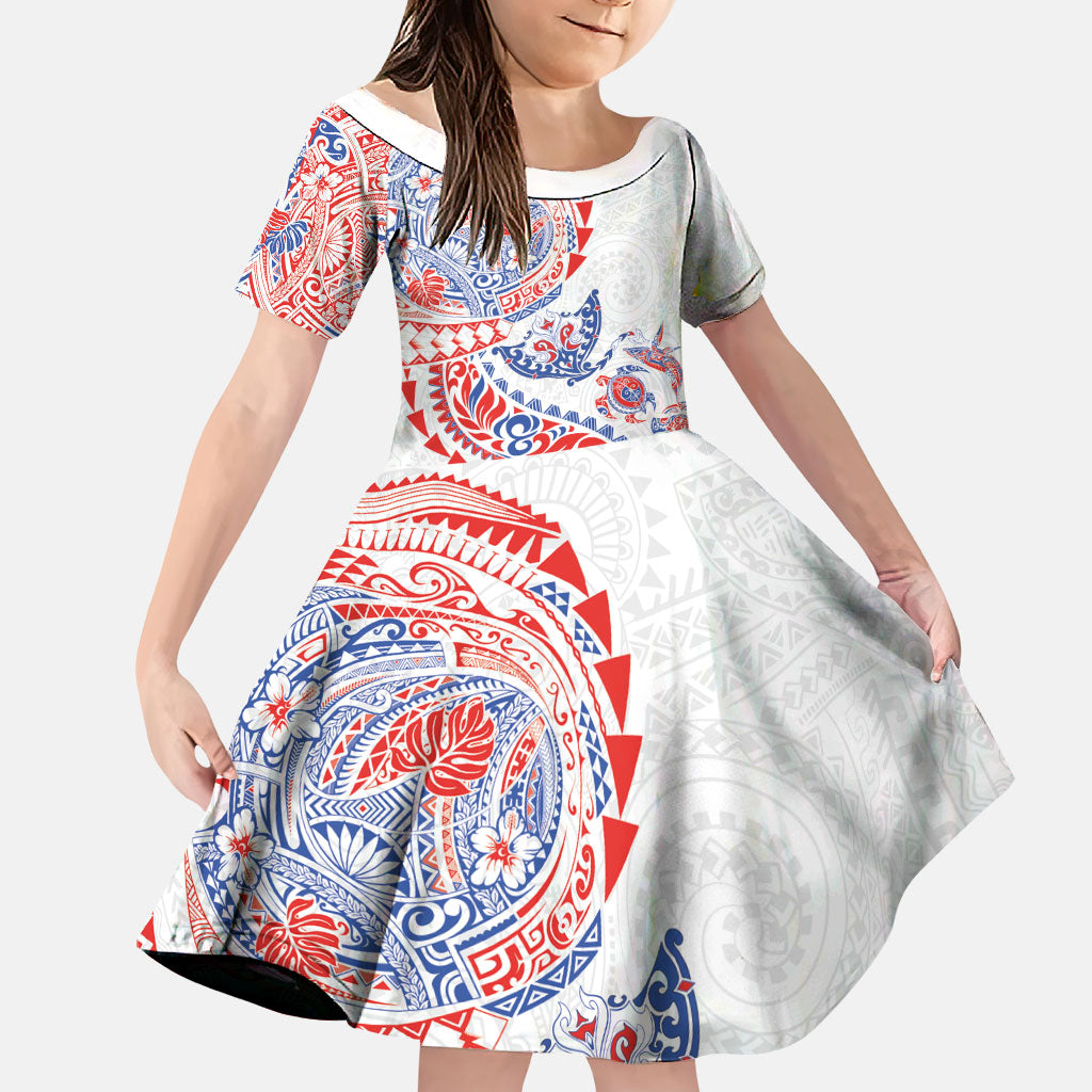 Hawaiian Kakau Tribal Sea Animals Tattoos Family Matching Off The Shoulder Long Sleeve Dress and Hawaiian Shirt Hawaii Flag Color Inspired LT03 Daughter's Dress Multicolor - Polynesian Pride