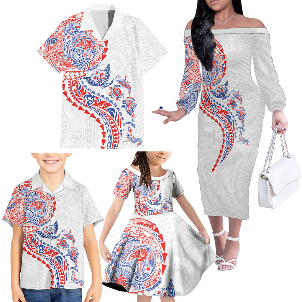 Hawaiian Kakau Tribal Sea Animals Tattoos Family Matching Off The Shoulder Long Sleeve Dress and Hawaiian Shirt Hawaii Flag Color Inspired LT03 - Polynesian Pride